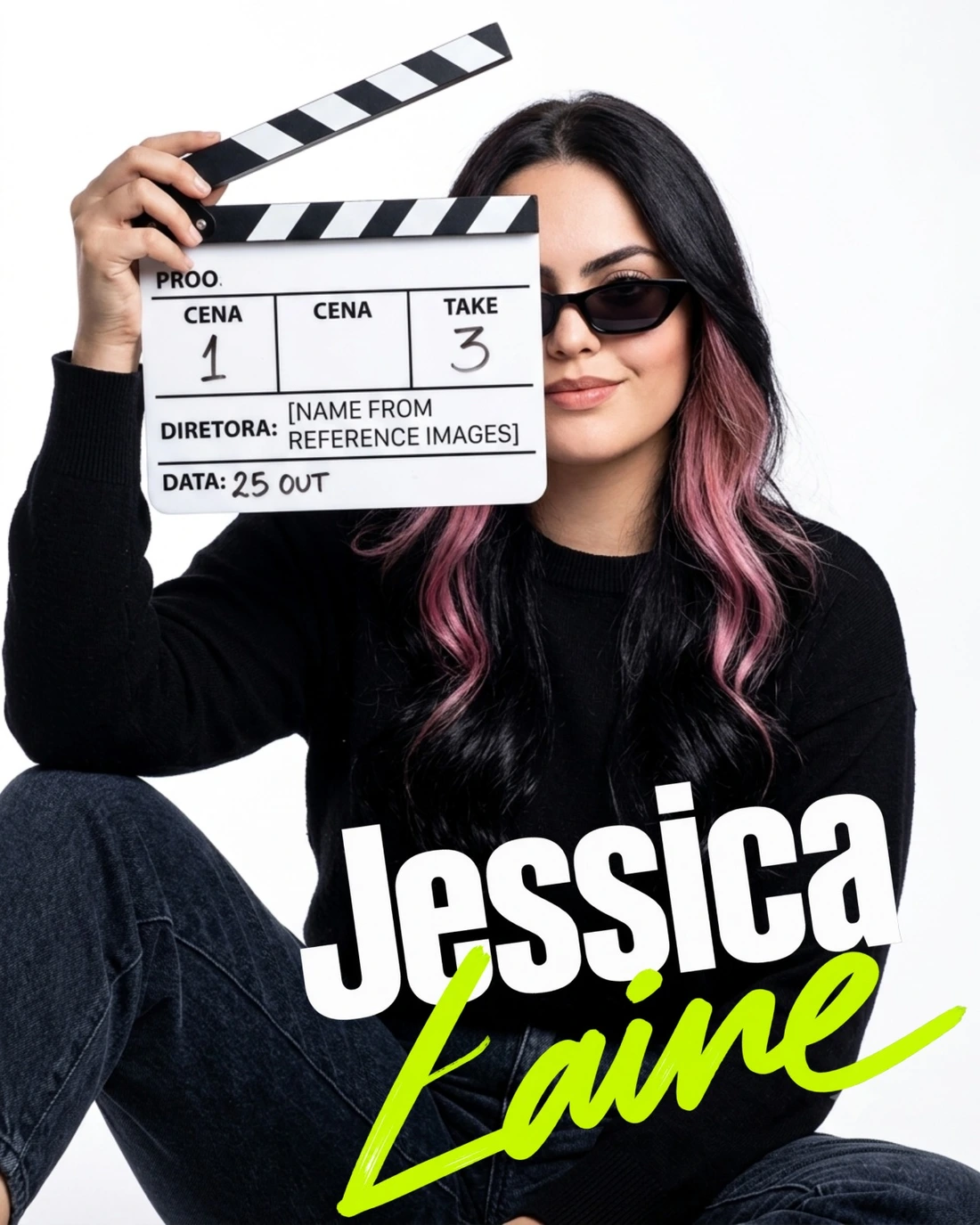 Jessica Laine com claquete, em retrato oficial de apresentação