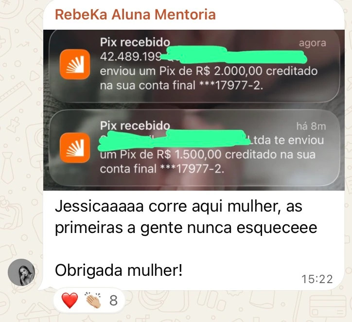 Print do depoimento de Rebeka, com dados de contato ocultos quando presentes